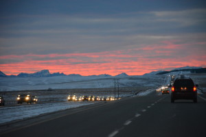 Driving from Calgary to Banff incredible sunset over the rockies