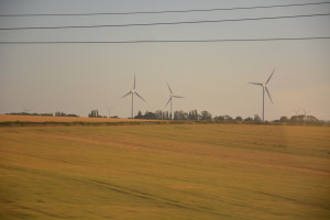 Windmills in french countryside from train